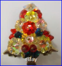 Vintage Christmas Tree Rivoli Bright Color Poinsettia Cut Rhinestone Pin Brooch
