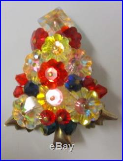 Vintage Christmas Tree Rivoli Bright Color Poinsettia Cut Rhinestone Pin Brooch