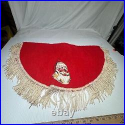 Vintage Christmas Tree Skirt 25 Round Red Fuzzy Fur Santa Face Appliqué