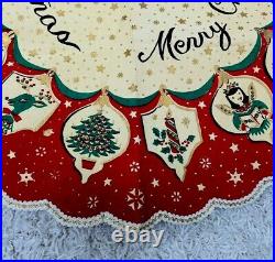 Vintage Christmas Tree Skirt Felt Sequin Multicolor Santa Claus Reindeer Kitchy