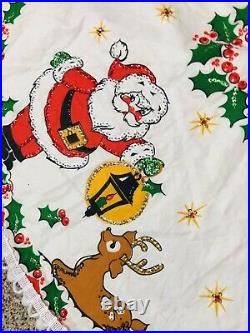 Vintage Christmas Tree Skirt Handmade Beaded Sequins Santa Reindeer Kitsch