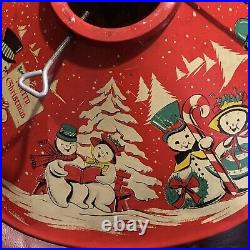 Vintage Christmas Tree Stand 1950's Red Litho colormatic Snowman USA Rare