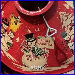 Vintage Christmas Tree Stand 1950's Red Litho colormatic Snowman USA Rare