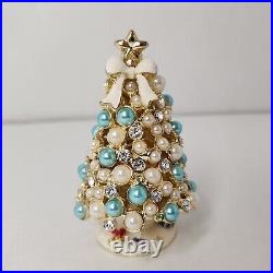 Vintage Christmas Tree Trinket Hinged Box Faux Pearl White Teal