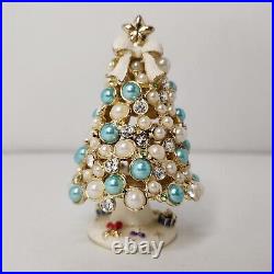 Vintage Christmas Tree Trinket Hinged Box Faux Pearl White Teal