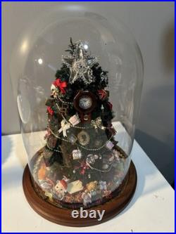Vintage Christmas Tree Under Glass Cloche, Decorated With Vintage Miniatures