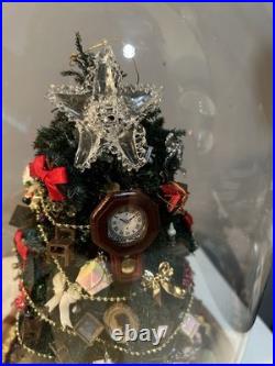 Vintage Christmas Tree Under Glass Cloche, Decorated With Vintage Miniatures