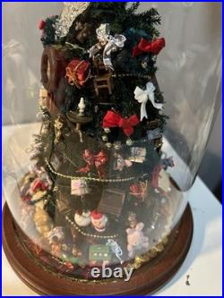 Vintage Christmas Tree Under Glass Cloche, Decorated With Vintage Miniatures