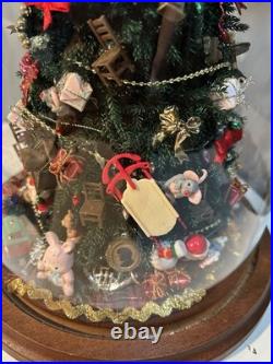 Vintage Christmas Tree Under Glass Cloche, Decorated With Vintage Miniatures