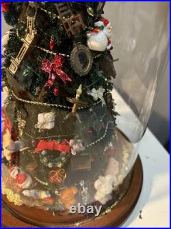 Vintage Christmas Tree Under Glass Cloche, Decorated With Vintage Miniatures