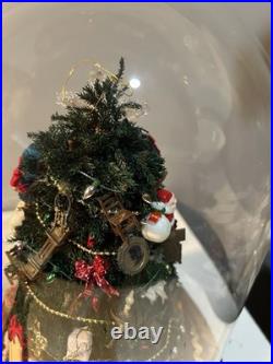 Vintage Christmas Tree Under Glass Cloche, Decorated With Vintage Miniatures