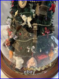 Vintage Christmas Tree Under Glass Cloche, Decorated With Vintage Miniatures