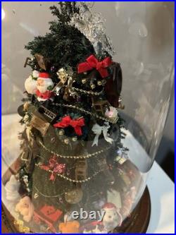Vintage Christmas Tree Under Glass Cloche, Decorated With Vintage Miniatures