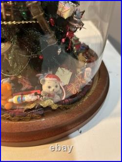 Vintage Christmas Tree Under Glass Cloche, Decorated With Vintage Miniatures