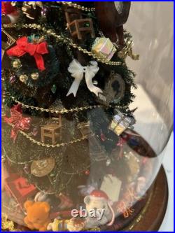 Vintage Christmas Tree Under Glass Cloche, Decorated With Vintage Miniatures