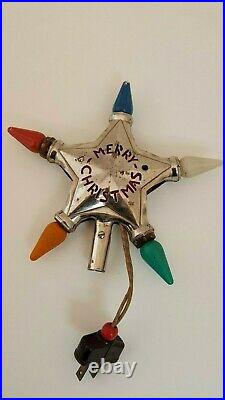 Vintage Chrome Light Up Star Tree Topper Merry Christmas Works