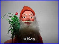 Vintage Clay Face Santa 5 1/2 Holding Feather Tree Piece Fur Beard Blue Pants