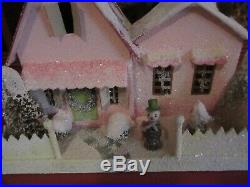 Vintage Cody Foster Pink Christmas Cottage House Snowman Bottle Brush Trees Mica