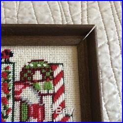 Vintage Completed Christmas Cross Stitch Hoop Frame Santa Mrs Claus Tree Snowman
