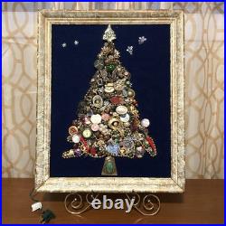 Vintage Costume Jewelry Christmas Tree Framed 17x20.5 OOAK Lighted Collage Art