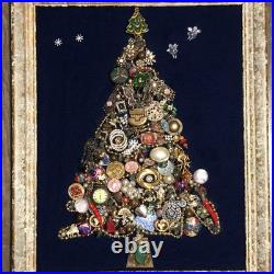 Vintage Costume Jewelry Christmas Tree Framed 17x20.5 OOAK Lighted Collage Art