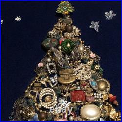 Vintage Costume Jewelry Christmas Tree Framed 17x20.5 OOAK Lighted Collage Art