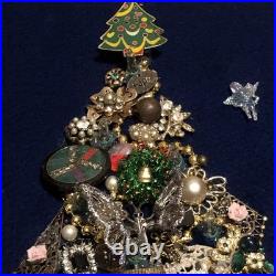 Vintage Costume Jewelry Christmas Tree Framed 17x20.5 OOAK Lighted Collage Art