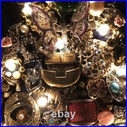 Vintage Costume Jewelry Christmas Tree Framed 17x20.5 OOAK Lighted Collage Art