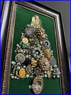 Vintage Costume Jewelry Christmas Tree Framed Picture Green Velvet 10.5 x 17