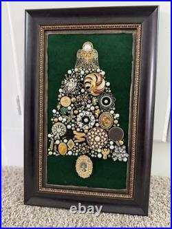 Vintage Costume Jewelry Christmas Tree Framed Picture Green Velvet 10.5 x 17