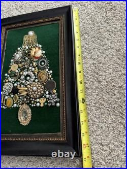 Vintage Costume Jewelry Christmas Tree Framed Picture Green Velvet 10.5 x 17