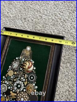 Vintage Costume Jewelry Christmas Tree Framed Picture Green Velvet 10.5 x 17
