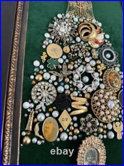 Vintage Costume Jewelry Christmas Tree Framed Picture Green Velvet 10.5 x 17