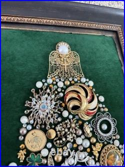 Vintage Costume Jewelry Christmas Tree Framed Picture Green Velvet 10.5 x 17