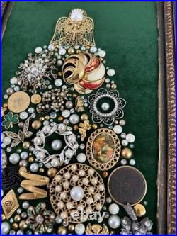 Vintage Costume Jewelry Christmas Tree Framed Picture Green Velvet 10.5 x 17