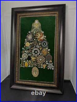Vintage Costume Jewelry Christmas Tree Framed Picture Green Velvet 10.5 x 17