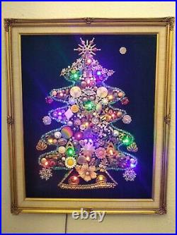 Vintage Costume Jewelry Christmas Tree Lighted Framed 19 x 23