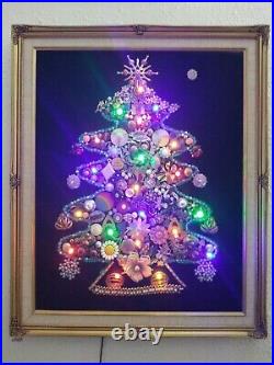 Vintage Costume Jewelry Christmas Tree Lighted Framed 19 x 23