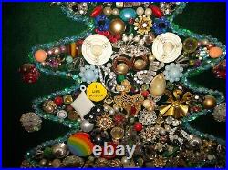 Vintage Costume Jewelry Christmas Tree Lighted Framed 19 x 23