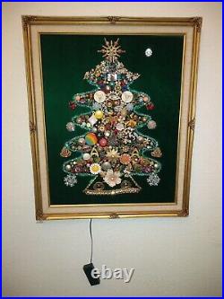 Vintage Costume Jewelry Christmas Tree Lighted Framed 19 x 23