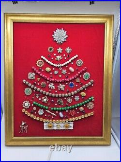 Vintage Costume Jewelry Framed Christmas Tree Wall Art Lights Up Handmade OOAK
