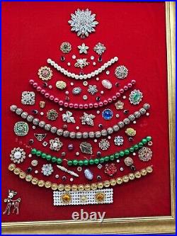 Vintage Costume Jewelry Framed Christmas Tree Wall Art Lights Up Handmade OOAK