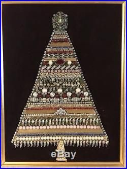 Vintage Costume Jewelry Rhinestone Framed Christmas Tree Collage on Velvet