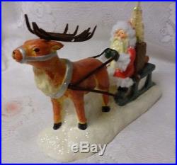Vintage Cracker Barrel Christmas Brush Tree Santa On Sleigh Reindeer Decoration