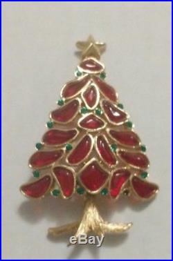 Vintage Crown Trifari Red Stained Glas Christmas Tree Pin Brooch