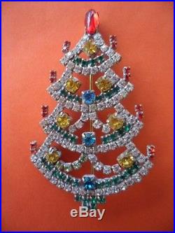 Vintage Czech Glass Crystal Christmas Tree Xmas With Gold Baubles Brooch Pin