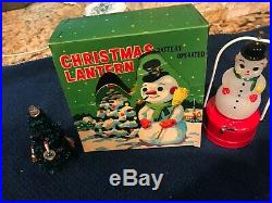 Vintage DOUBLE Christmas 5 SNOWMAN /TREE BATTERY LANTERN Japan IN BOX rare