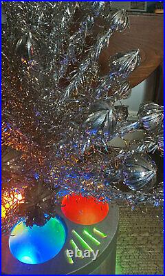 Vintage EVERGLEAM 4ft Aluminum Pom-Pom CHRISTMAS TREE & Revolving Tri-Lite Stand