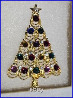 Vintage Eisenberg Ice Christmas Tree Brooch with Colorful Rhinestones, Original