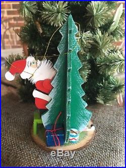 Vintage Emgee Hawaii 1983 Wood Santa Decorating the Christmas Tree Ornament